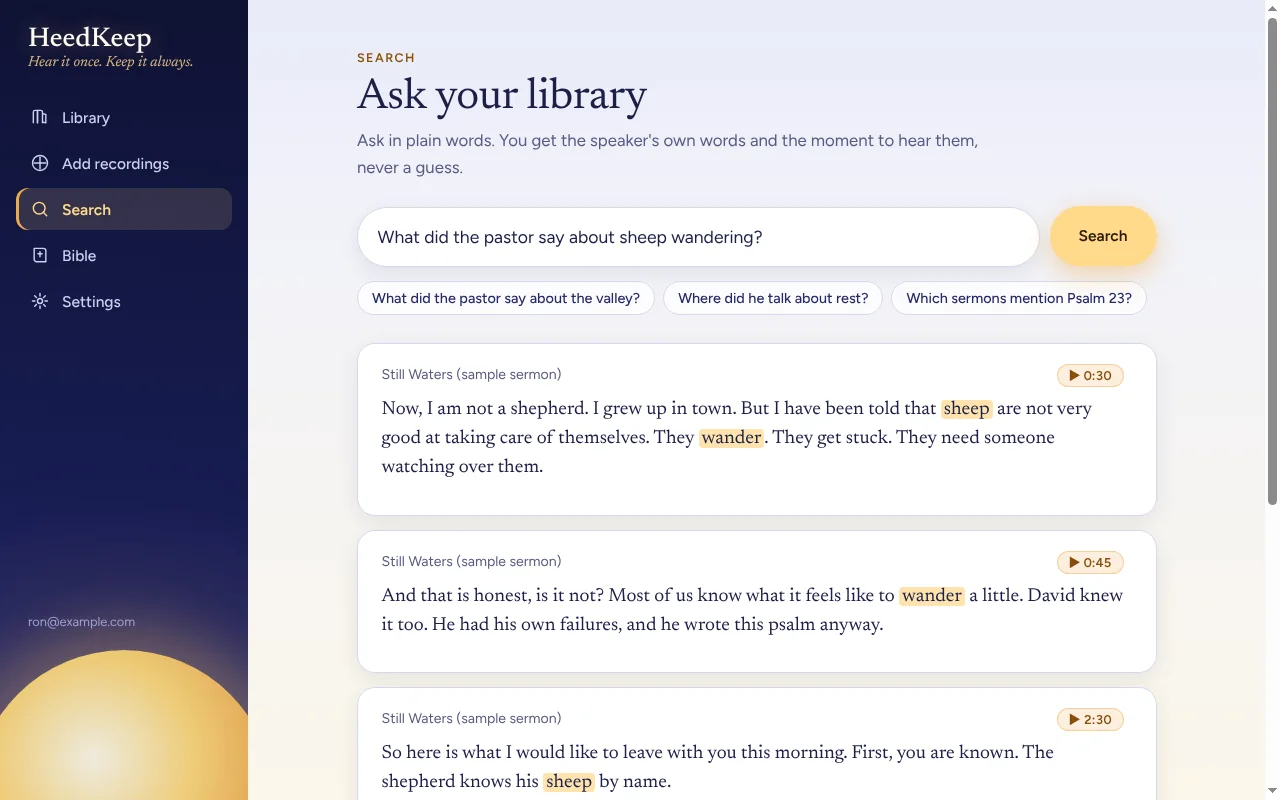 Search results showing the speaker's own sentences with the matching words highlighted and a play button with the time.