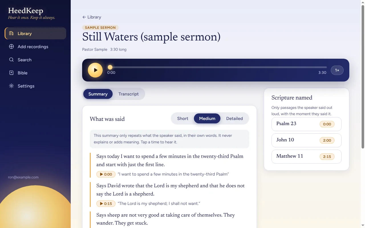 The HeedKeep sermon screen: an audio player, a summary where every point has a timestamp and the speaker's quote, and a list of scripture the speaker named.